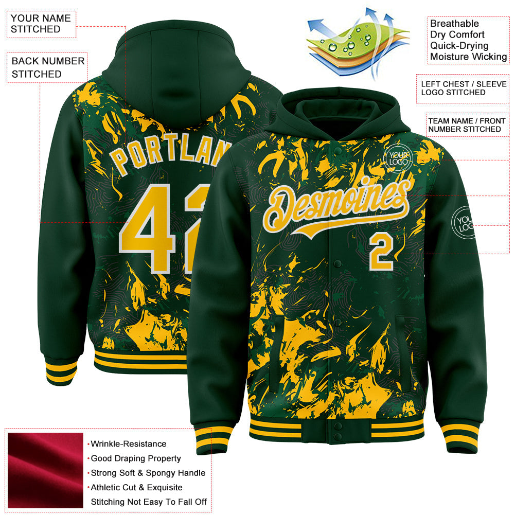 Custom Green Gold Kelly Green-White Splash Bomber Full-Snap Varsity Letterman Hoodie Jacket view 4