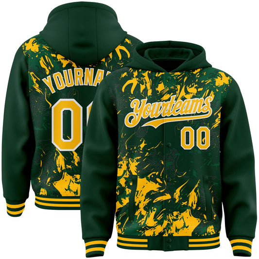 Custom Green Gold Kelly Green-White Splash Bomber Full-Snap Varsity Letterman Hoodie Jacket - Main View