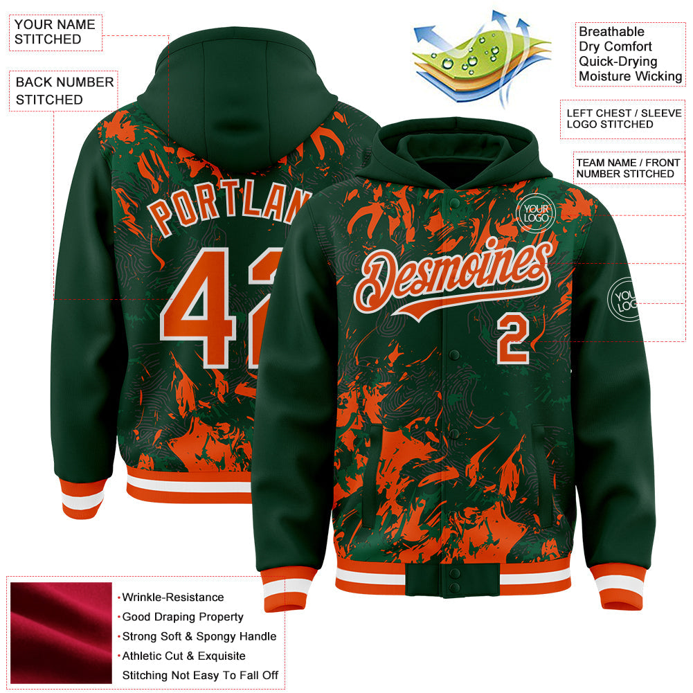 Custom Green Orange Kelly Green-White Splash Bomber Full-Snap Varsity Letterman Hoodie Jacket view 4
