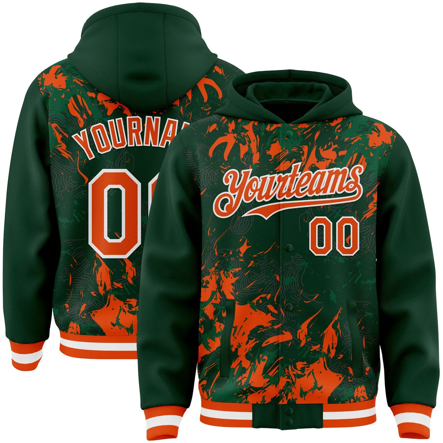 Custom Green Orange Kelly Green-White Splash Bomber Full-Snap Varsity Letterman Hoodie Jacket - Main View