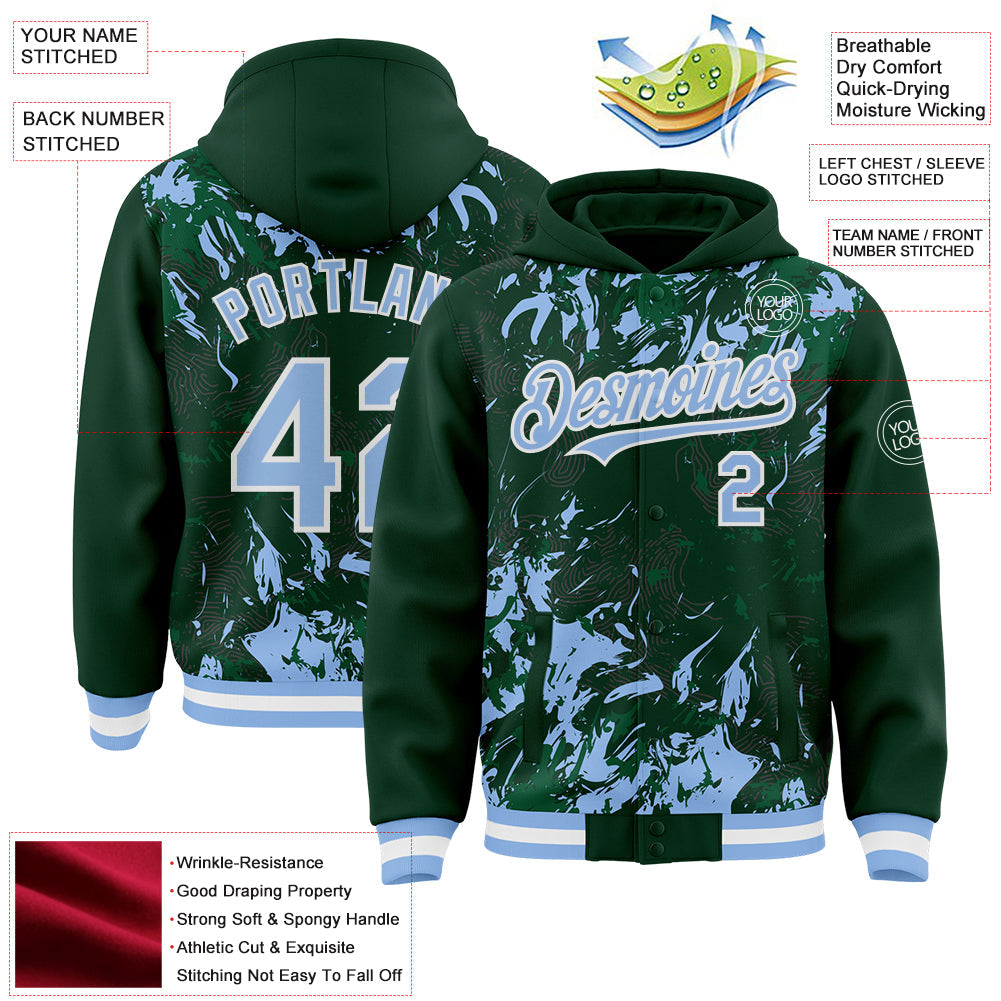 Custom Green Light Blue Kelly Green-White Splash Bomber Full-Snap Varsity Letterman Hoodie Jacket view 4