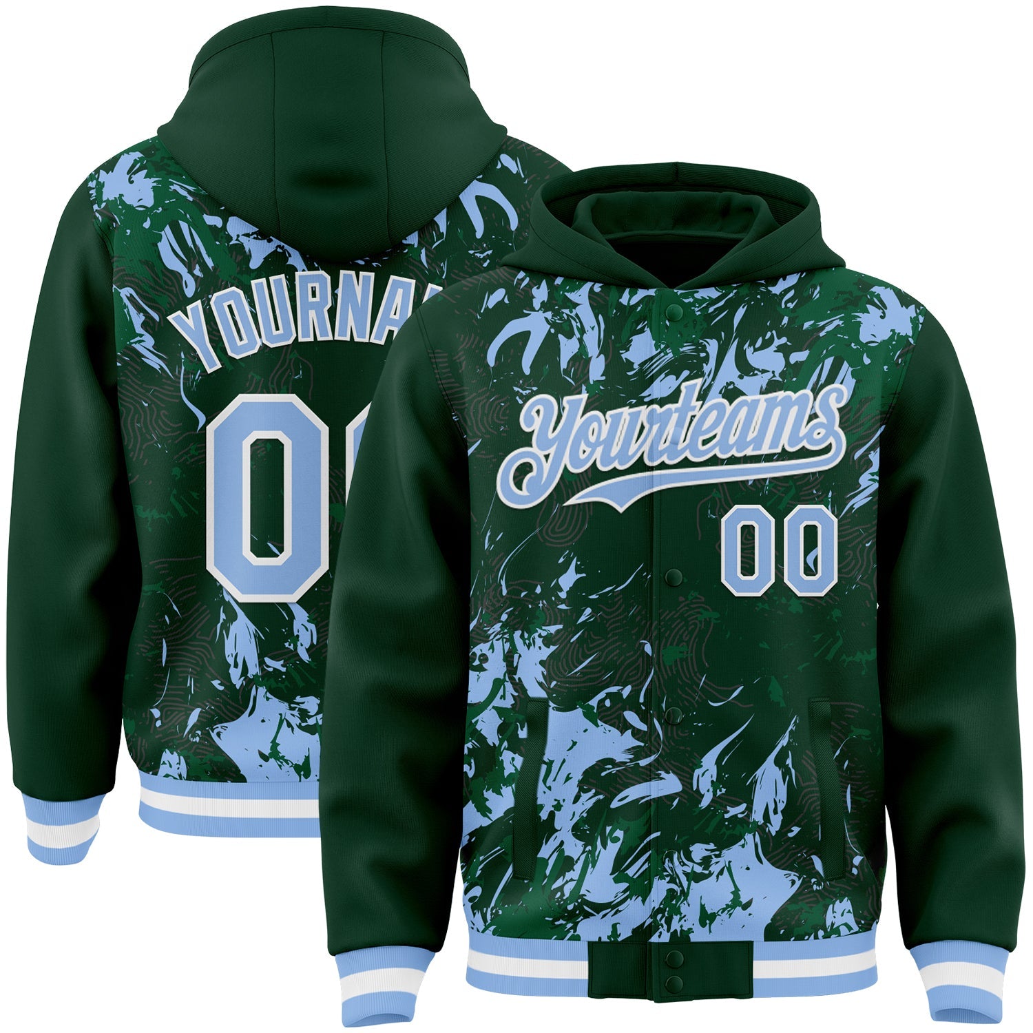 Custom Green Light Blue Kelly Green-White Splash Bomber Full-Snap Varsity Letterman Hoodie Jacket - Main View