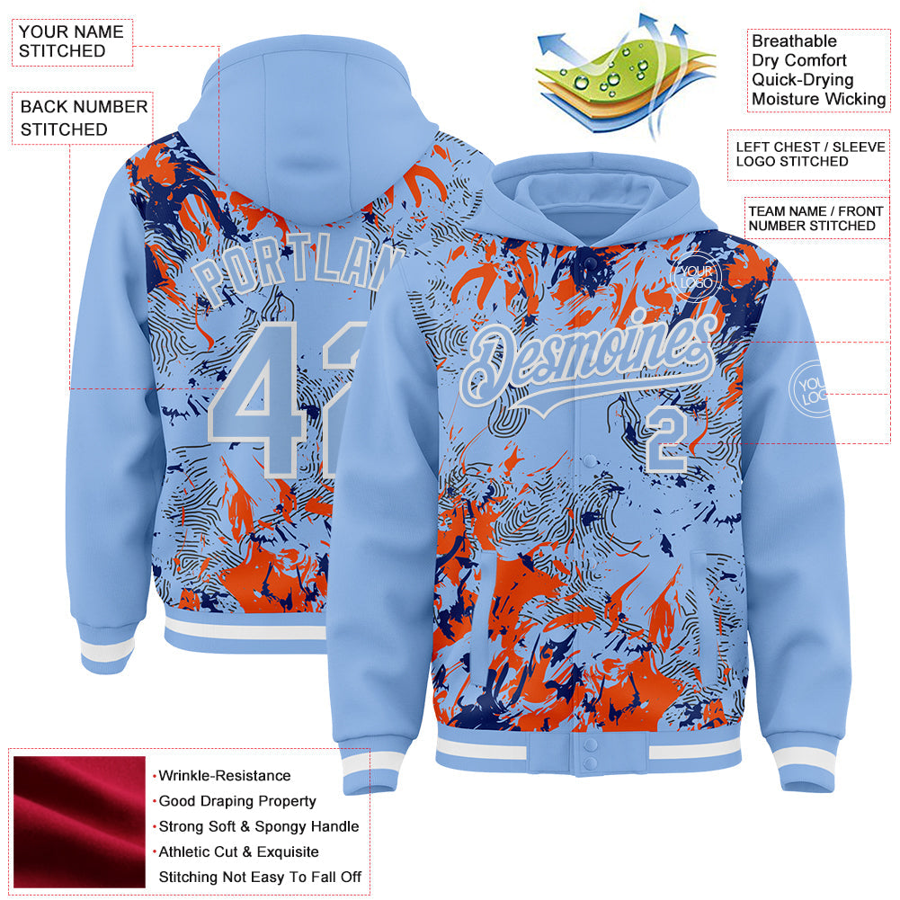 Custom Light Blue Royal Orange-White Splash Bomber Full-Snap Varsity Letterman Hoodie Jacket view 4