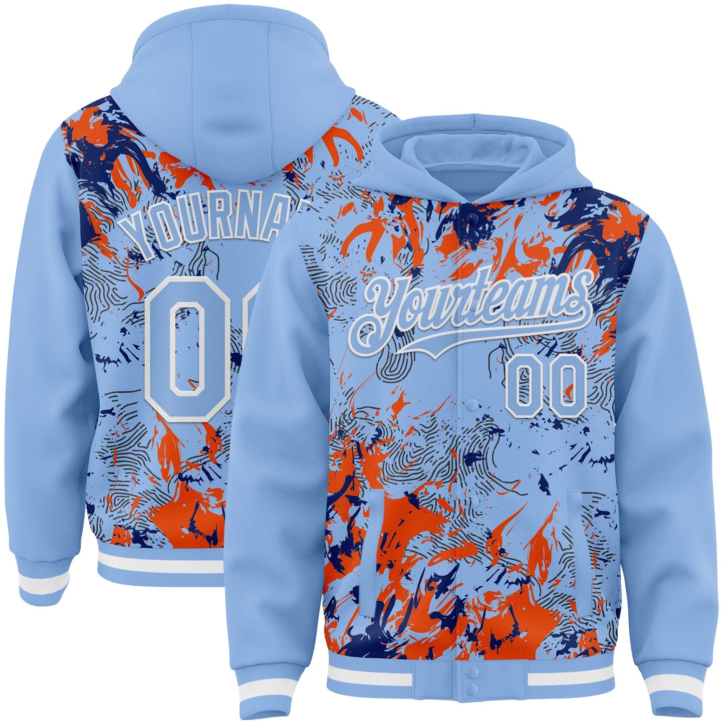 Custom Light Blue Royal Orange-White Splash Bomber Full-Snap Varsity Letterman Hoodie Jacket - Main View