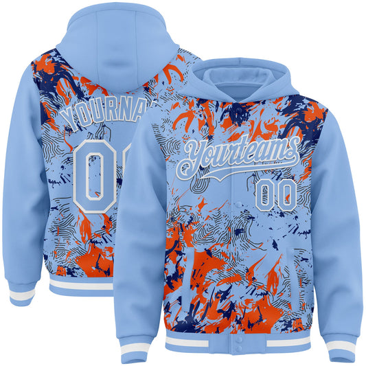Custom Light Blue Royal Orange-White Splash Bomber Full-Snap Varsity Letterman Hoodie Jacket - Main View