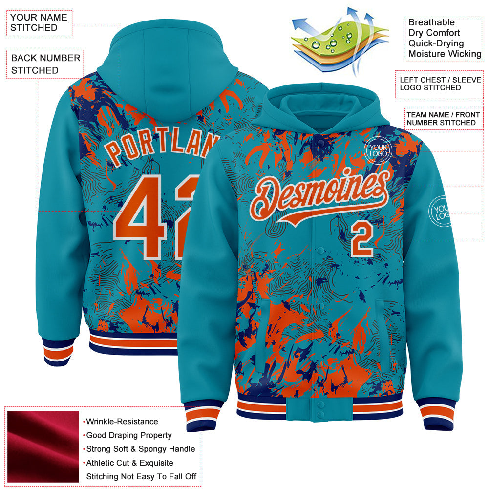 Custom Teal Orange Royal-White Splash Bomber Full-Snap Varsity Letterman Hoodie Jacket view 4