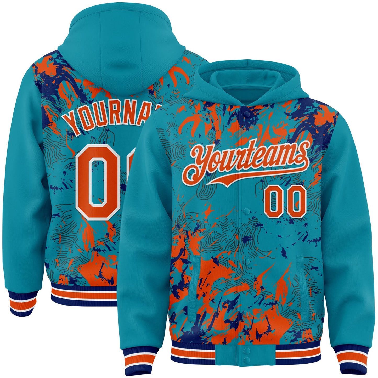 Custom Teal Orange Royal-White Splash Bomber Full-Snap Varsity Letterman Hoodie Jacket - Main View