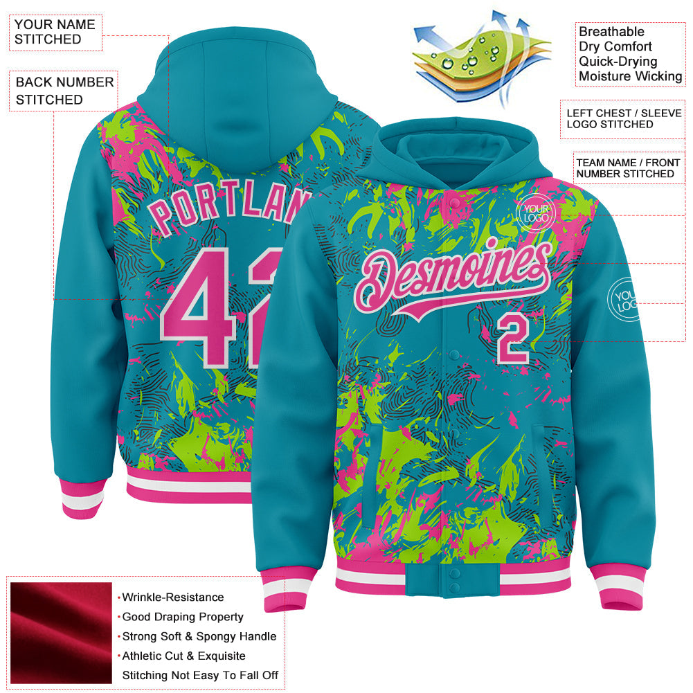 Custom Teal Pink Neon Green-White Splash Bomber Full-Snap Varsity Letterman Hoodie Jacket view 4