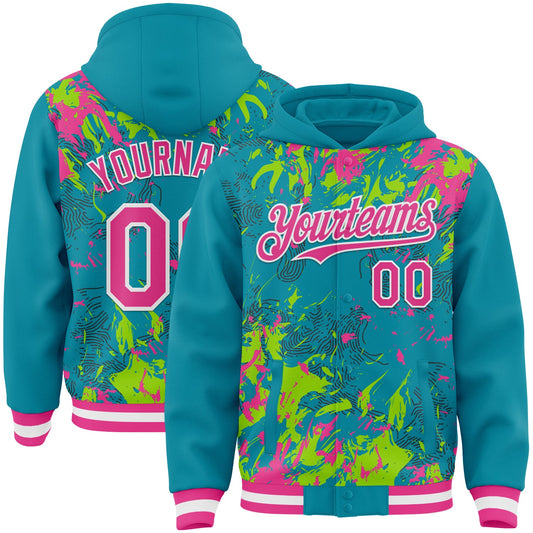 Custom Teal Pink Neon Green-White Splash Bomber Full-Snap Varsity Letterman Hoodie Jacket - Main View