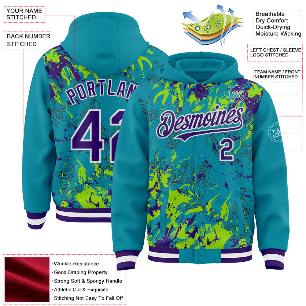 Custom Teal Purple Neon Green-White Splash Bomber Full-Snap Varsity Letterman Hoodie Jacket view 4