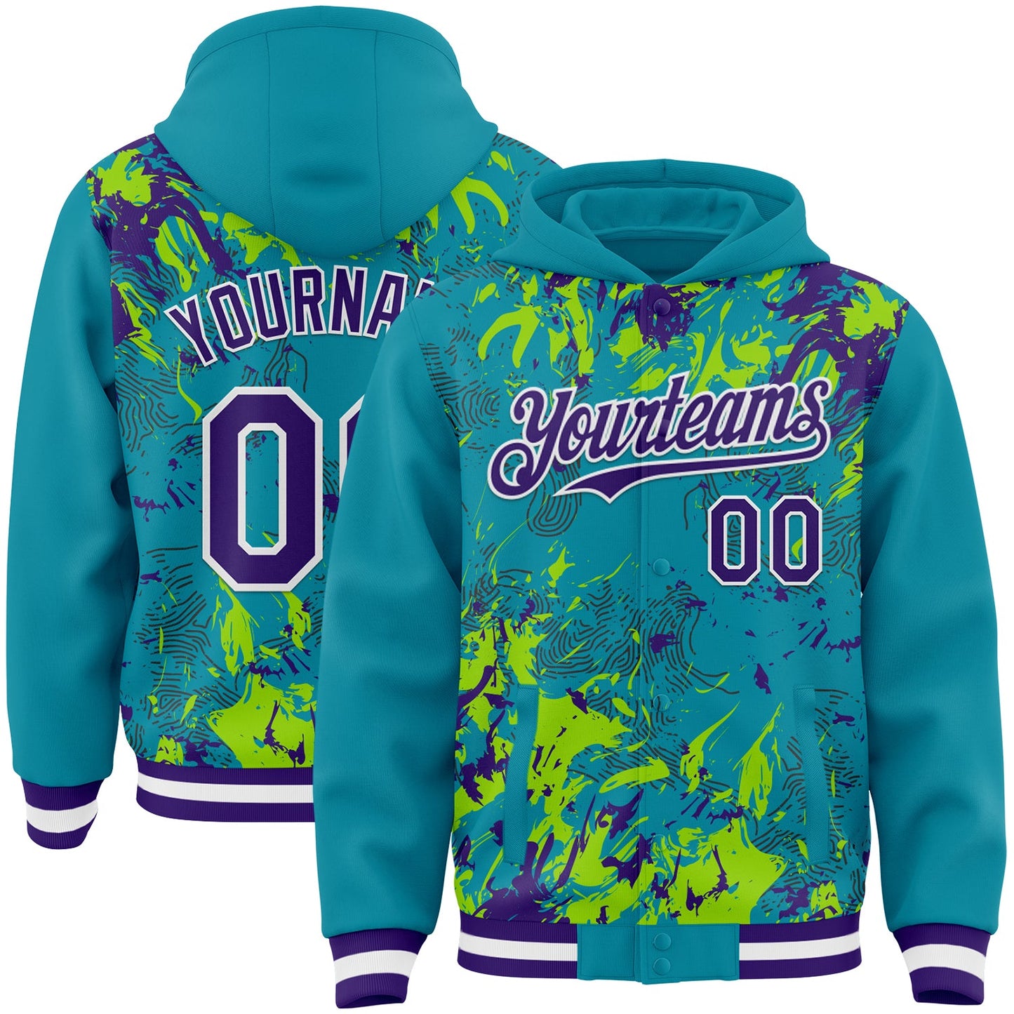 Custom Teal Purple Neon Green-White Splash Bomber Full-Snap Varsity Letterman Hoodie Jacket - Main View