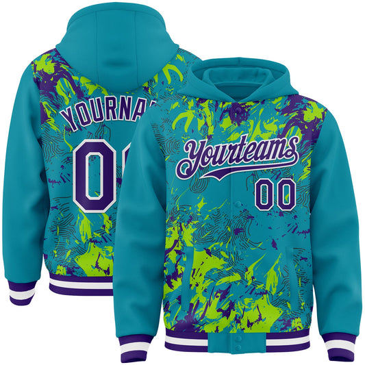 Custom Teal Purple Neon Green-White Splash Bomber Full-Snap Varsity Letterman Hoodie Jacket - Main View