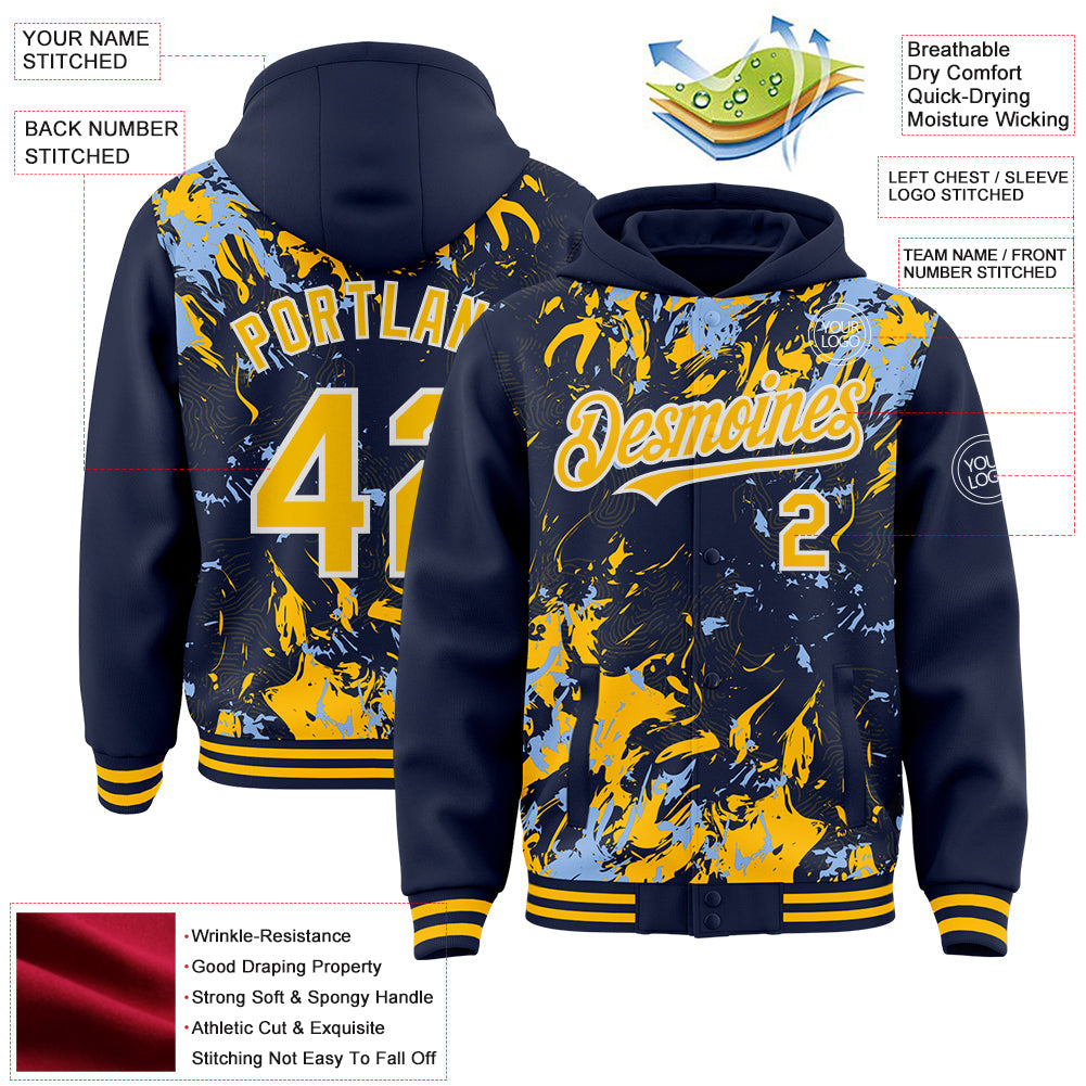 Custom Navy Gold Light Blue-White Splash Bomber Full-Snap Varsity Letterman Hoodie Jacket view 4