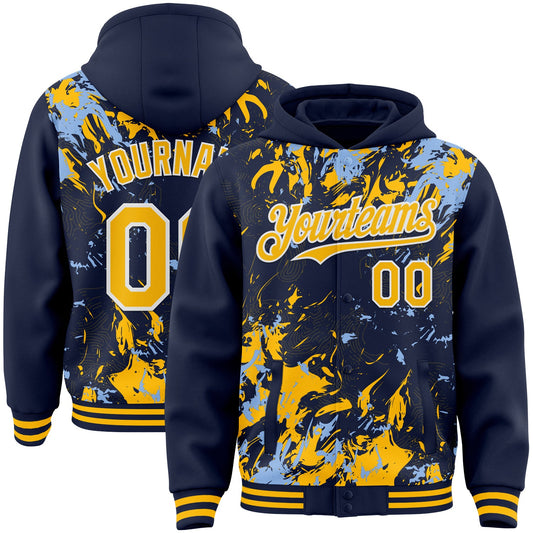 Custom Navy Gold Light Blue-White Splash Bomber Full-Snap Varsity Letterman Hoodie Jacket - Main View