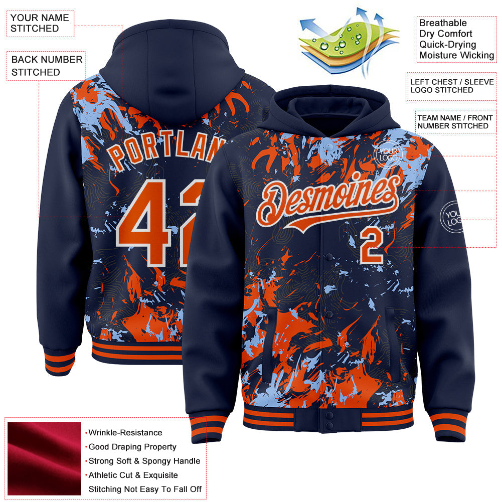 Custom Navy Orange Light Blue-White Splash Bomber Full-Snap Varsity Letterman Hoodie Jacket view 4