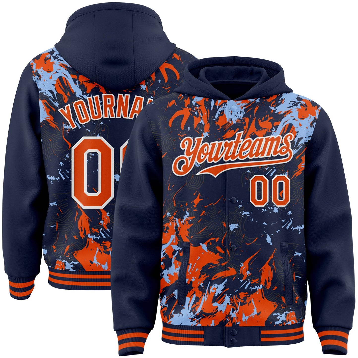 Custom Navy Orange Light Blue-White Splash Bomber Full-Snap Varsity Letterman Hoodie Jacket - Main View