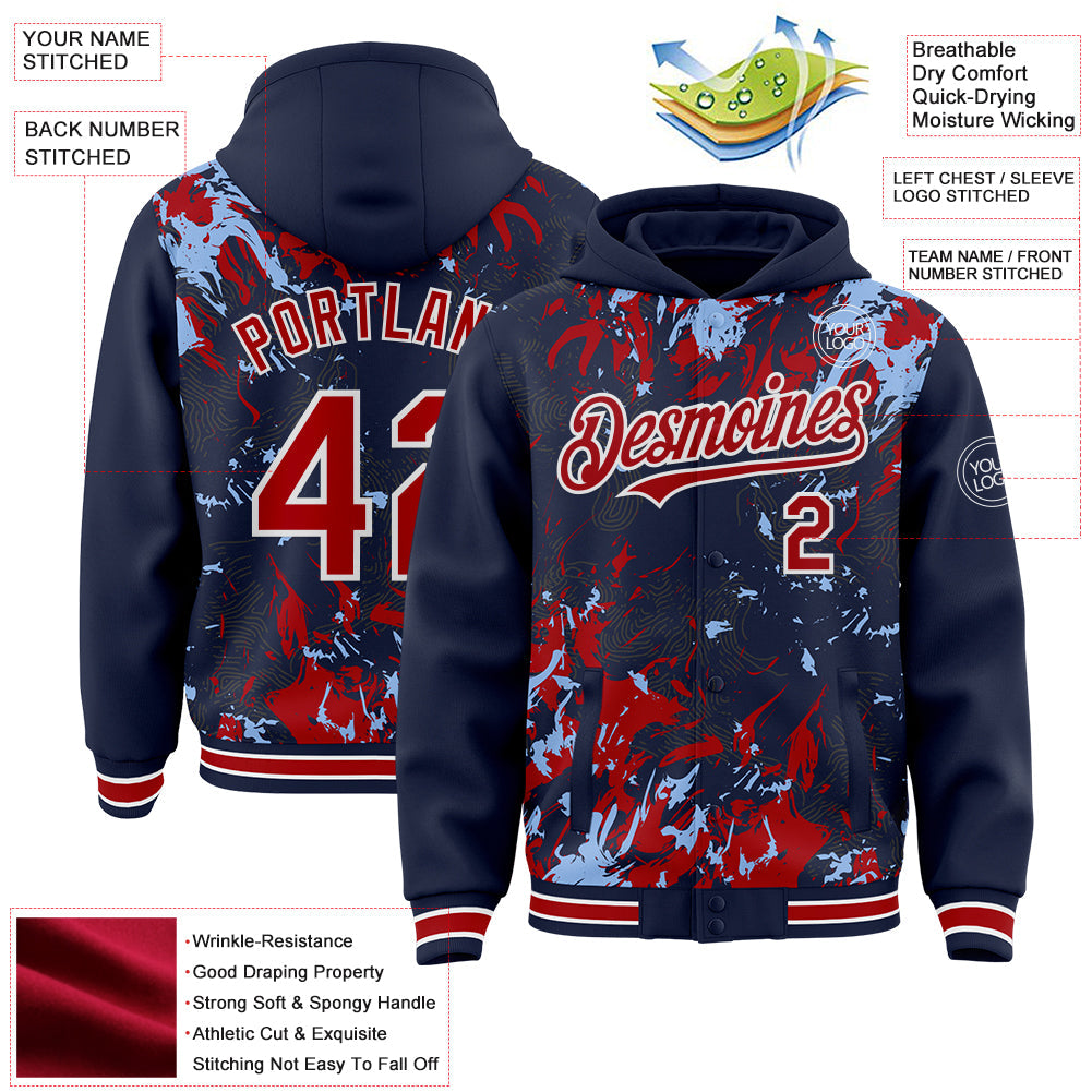 Custom Navy Red Light Blue-White Splash Bomber Full-Snap Varsity Letterman Hoodie Jacket view 4