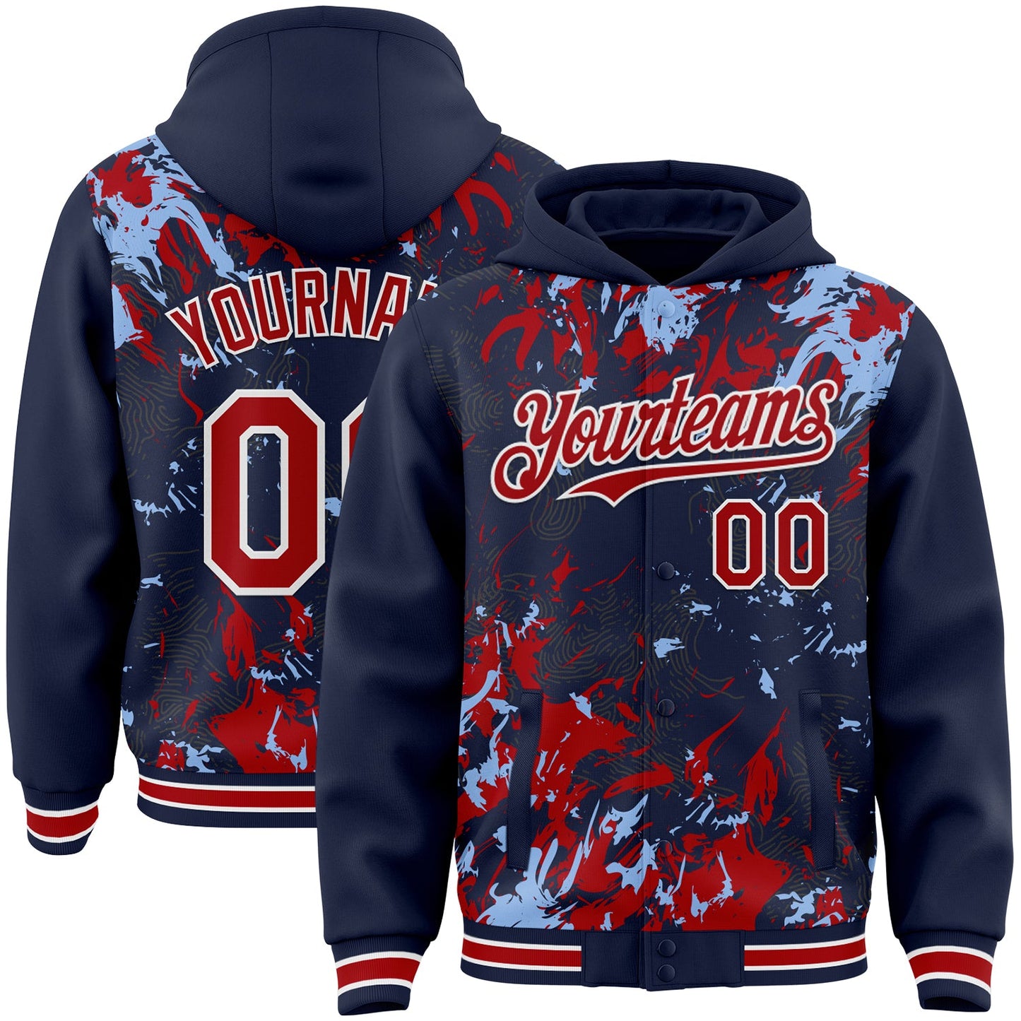 Custom Navy Red Light Blue-White Splash Bomber Full-Snap Varsity Letterman Hoodie Jacket - Main View