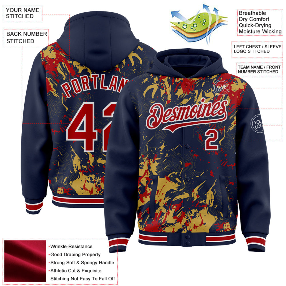 Custom Navy Red Old Gold-White Splash Bomber Full-Snap Varsity Letterman Hoodie Jacket view 4
