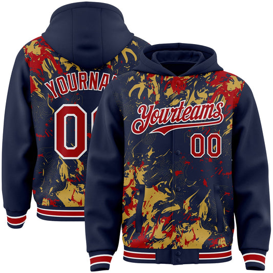 Custom Navy Red Old Gold-White Splash Bomber Full-Snap Varsity Letterman Hoodie Jacket - Main View