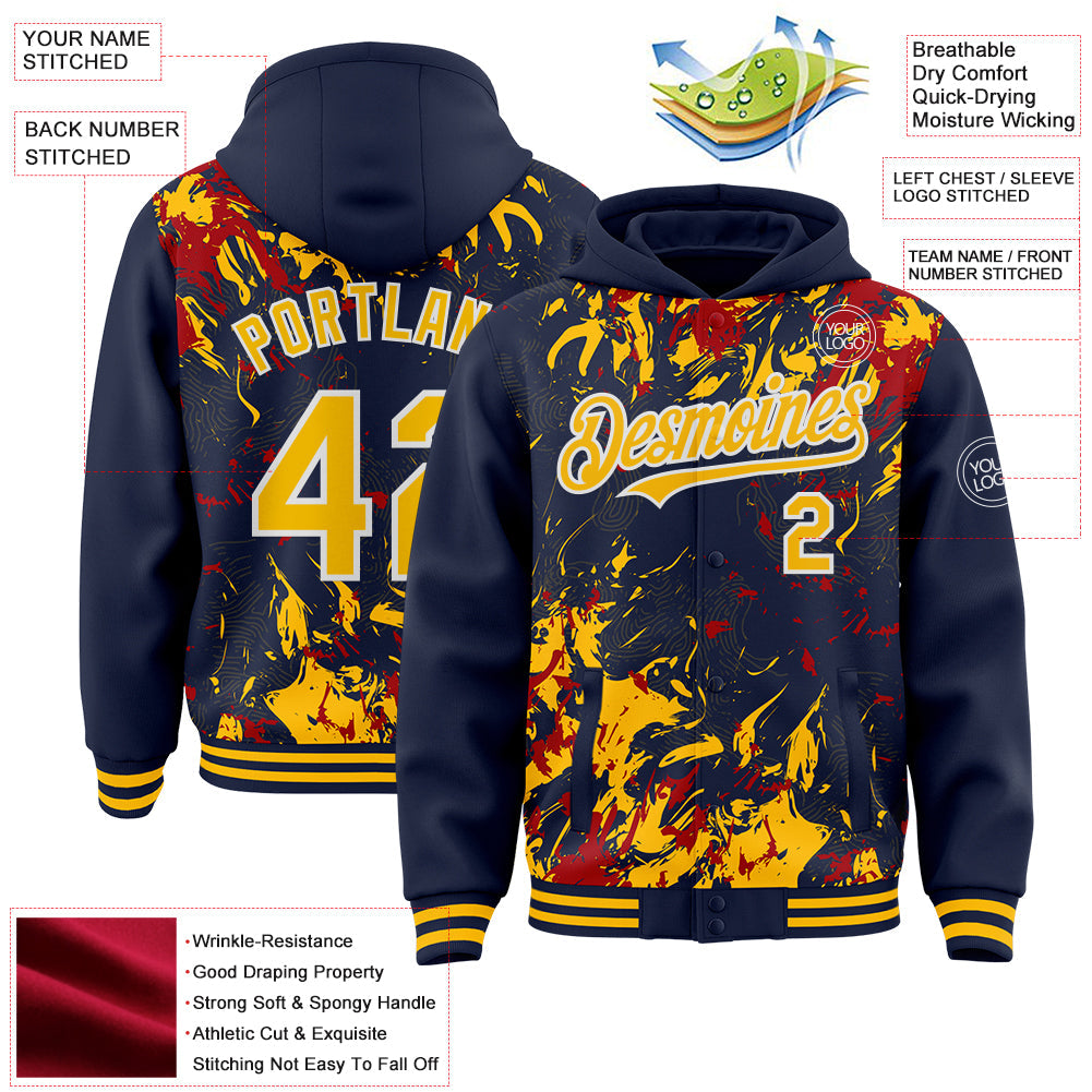 Custom Navy Gold Red-White Splash Bomber Full-Snap Varsity Letterman Hoodie Jacket view 4