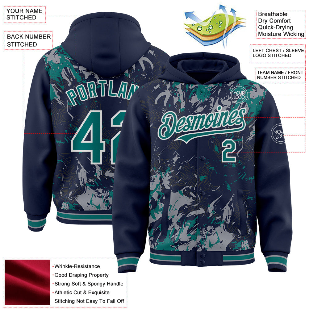 Custom Navy Teal Gray-White Splash Bomber Full-Snap Varsity Letterman Hoodie Jacket view 4