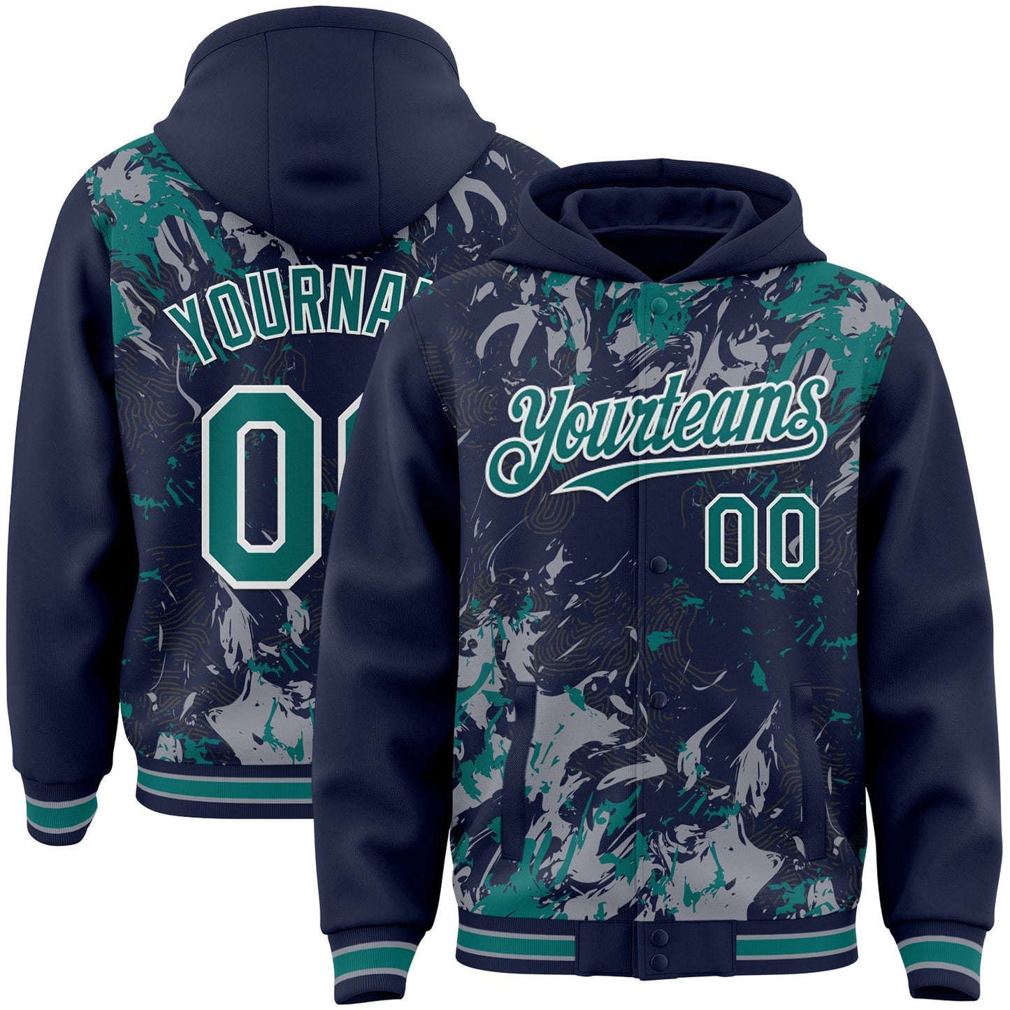 Custom Navy Teal Gray-White Splash Bomber Full-Snap Varsity Letterman Hoodie Jacket - Main View
