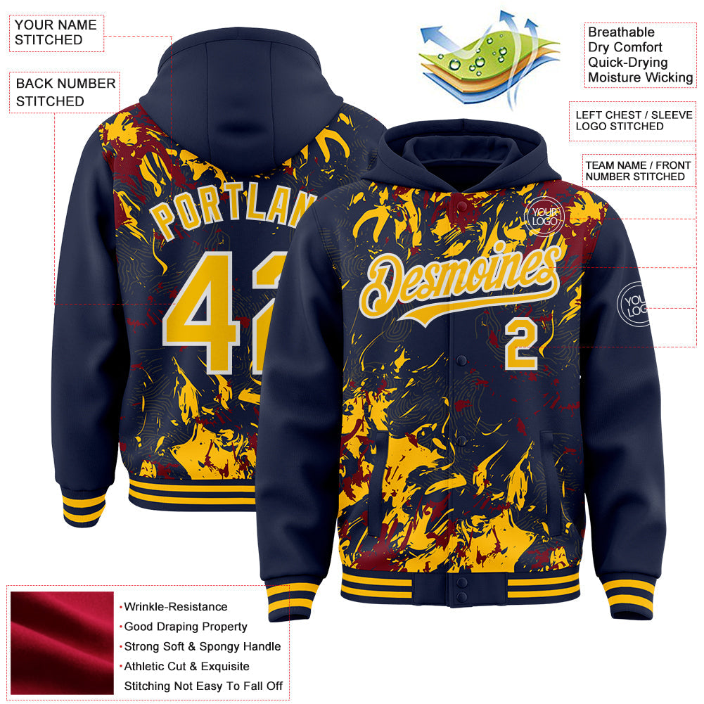 Custom Navy Gold Crimson-White Splash Bomber Full-Snap Varsity Letterman Hoodie Jacket view 4