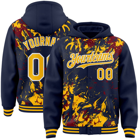 Custom Navy Gold Crimson-White Splash Bomber Full-Snap Varsity Letterman Hoodie Jacket - Main View