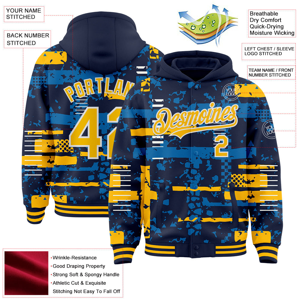 Custom Navy Gold Blue-White Abstract Fragment Shape Bomber Full-Snap Varsity Letterman Hoodie Jacket view 4
