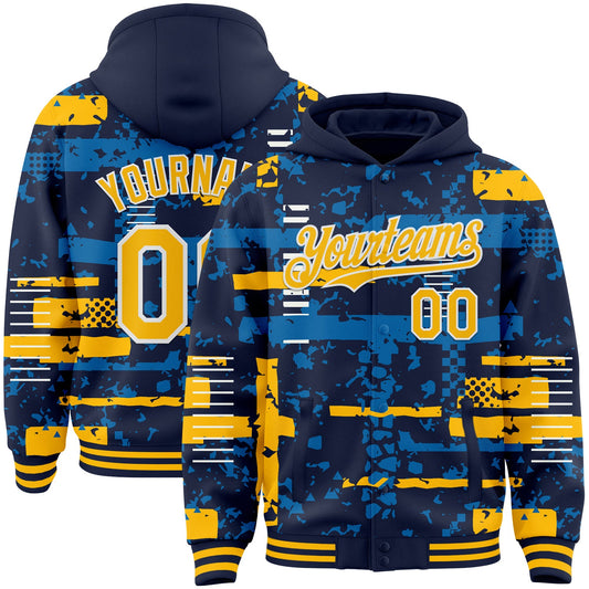 Custom Navy Gold Blue-White Abstract Fragment Shape Bomber Full-Snap Varsity Letterman Hoodie Jacket - Main View