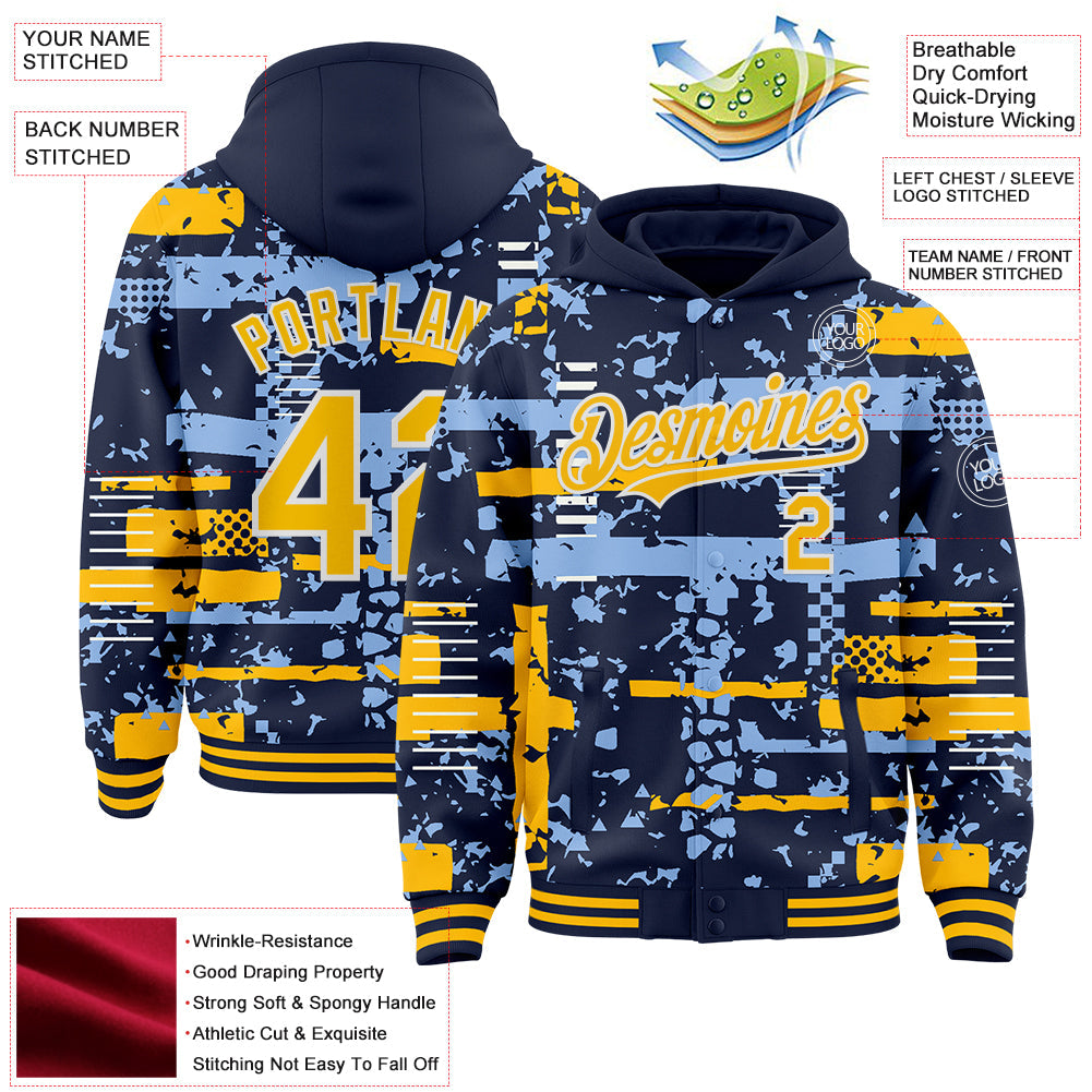 Custom Navy Gold Light Blue-White Abstract Fragment Shape Bomber Full-Snap Varsity Letterman Hoodie Jacket view 4