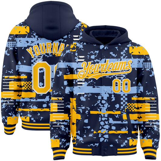 Custom Navy Gold Light Blue-White Abstract Fragment Shape Bomber Full-Snap Varsity Letterman Hoodie Jacket - Main View