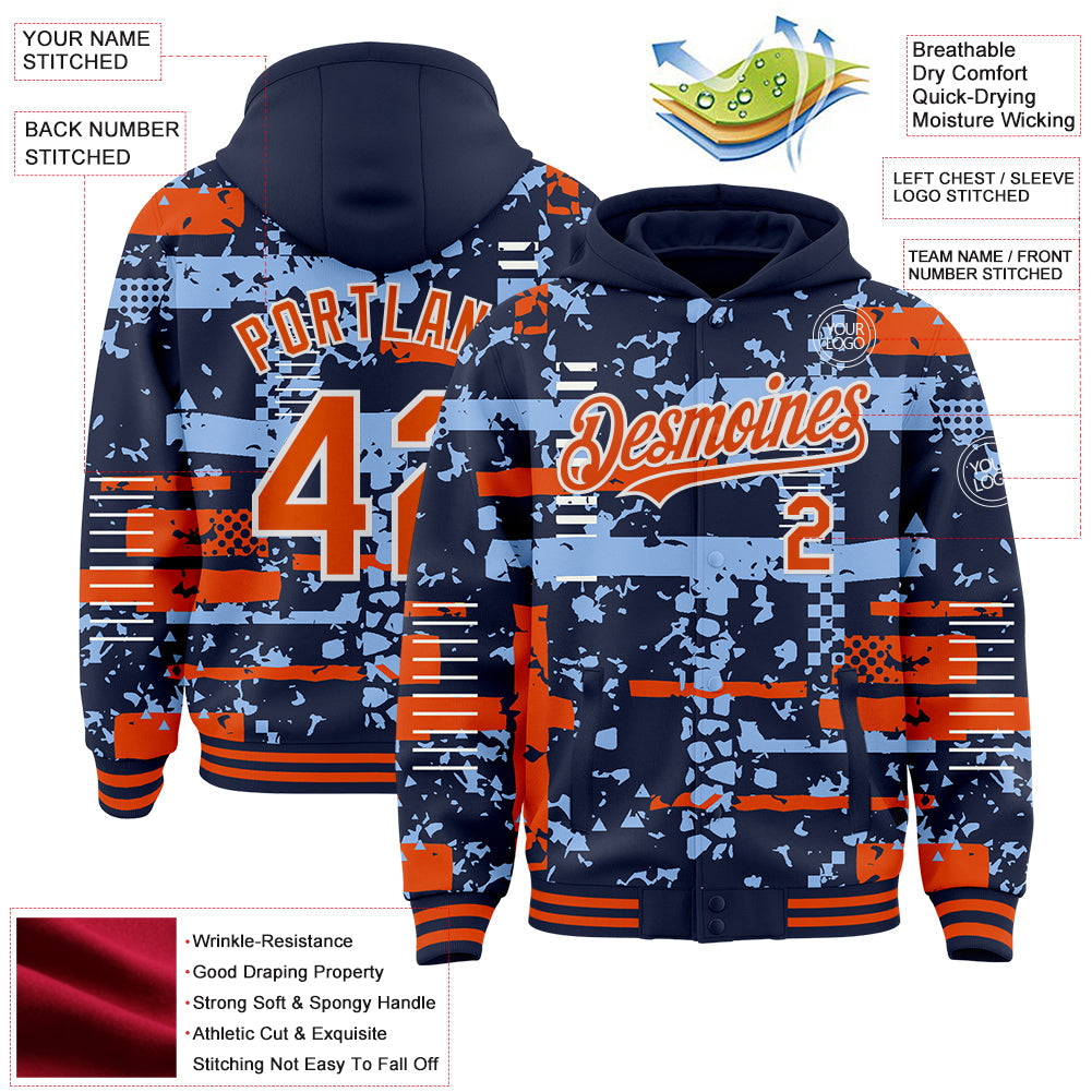 Custom Navy Orange Light Blue-White Abstract Fragment Shape Bomber Full-Snap Varsity Letterman Hoodie Jacket view 4