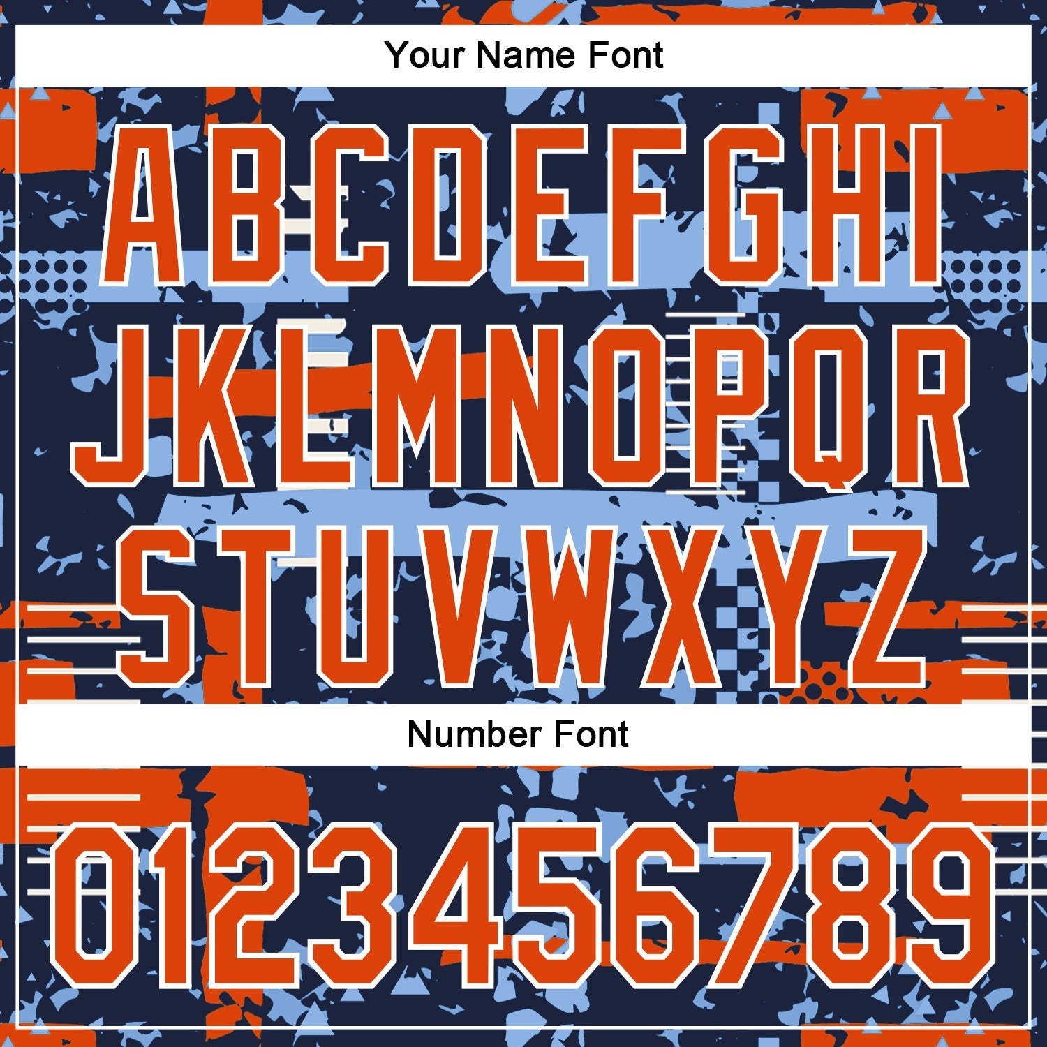 Custom Navy Orange Light Blue-White Abstract Fragment Shape Bomber Full-Snap Varsity Letterman Hoodie Jacket view 6