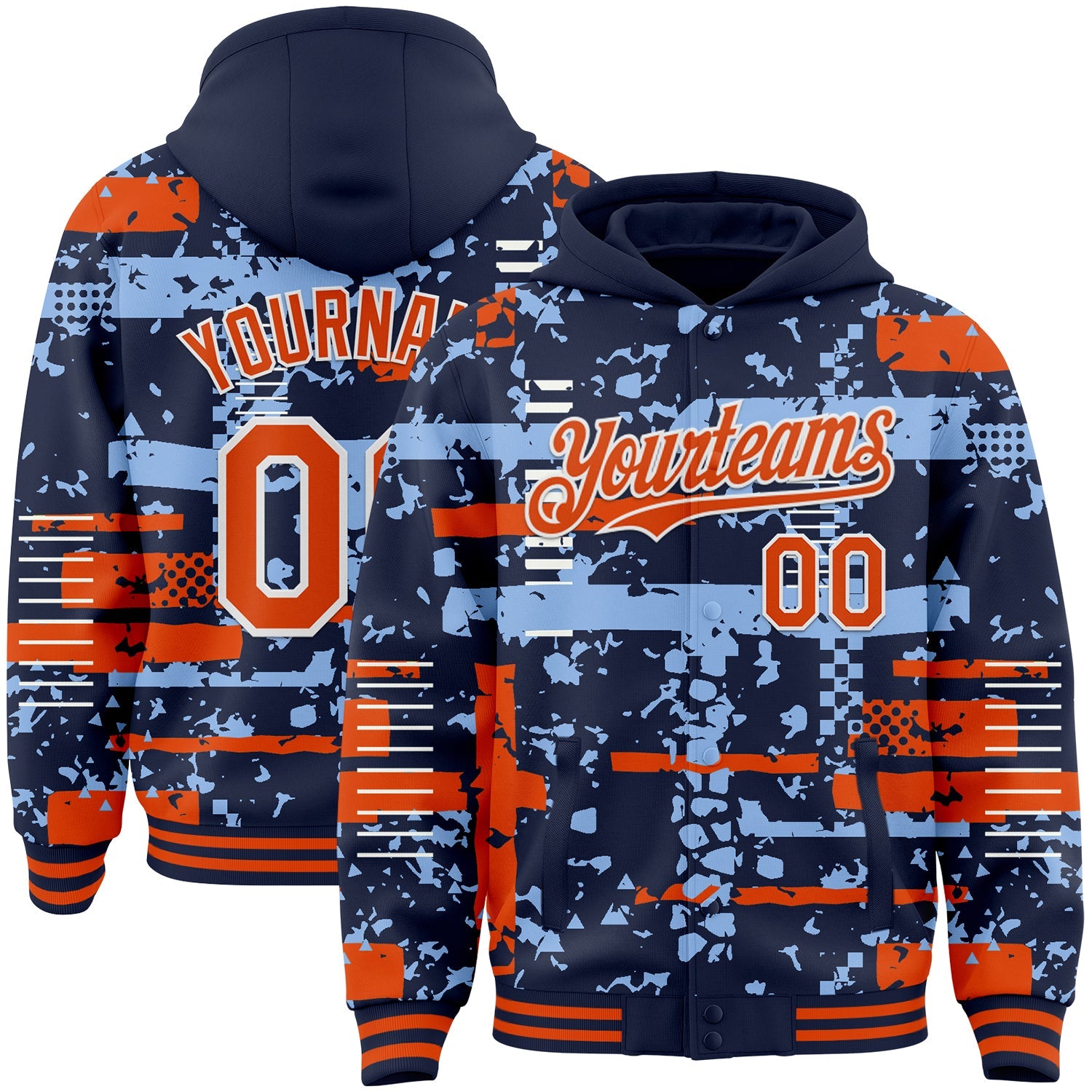 Custom Navy Orange Light Blue-White Abstract Fragment Shape Bomber Full-Snap Varsity Letterman Hoodie Jacket - Main View