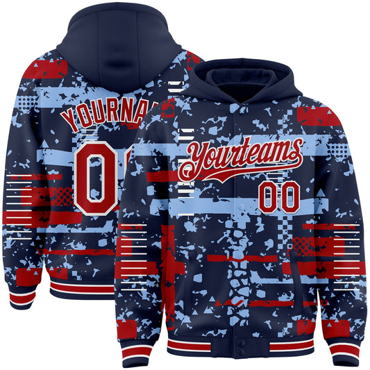 Custom Navy Red Light Blue-White Abstract Fragment Shape Bomber Full-Snap Varsity Letterman Hoodie Jacket - Main View