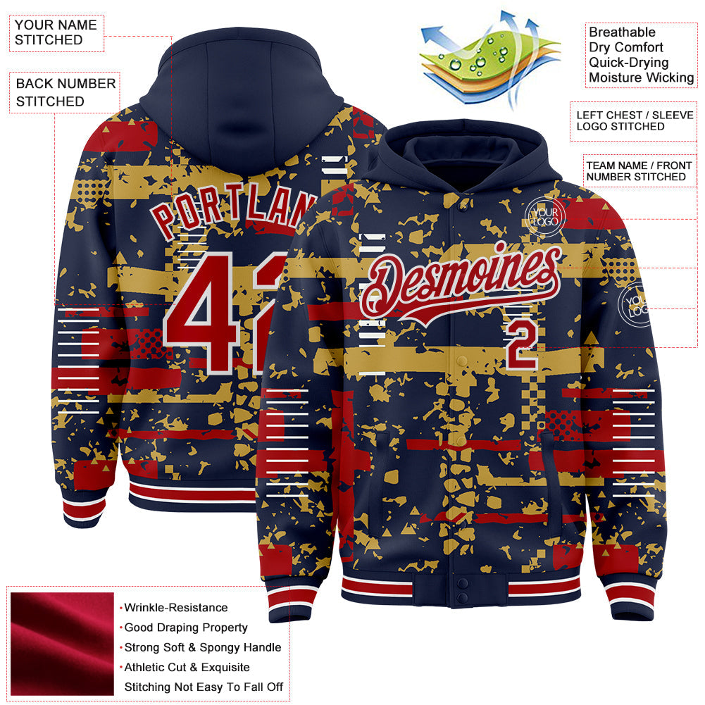 Custom Navy Red Old Gold-White Abstract Fragment Shape Bomber Full-Snap Varsity Letterman Hoodie Jacket view 4