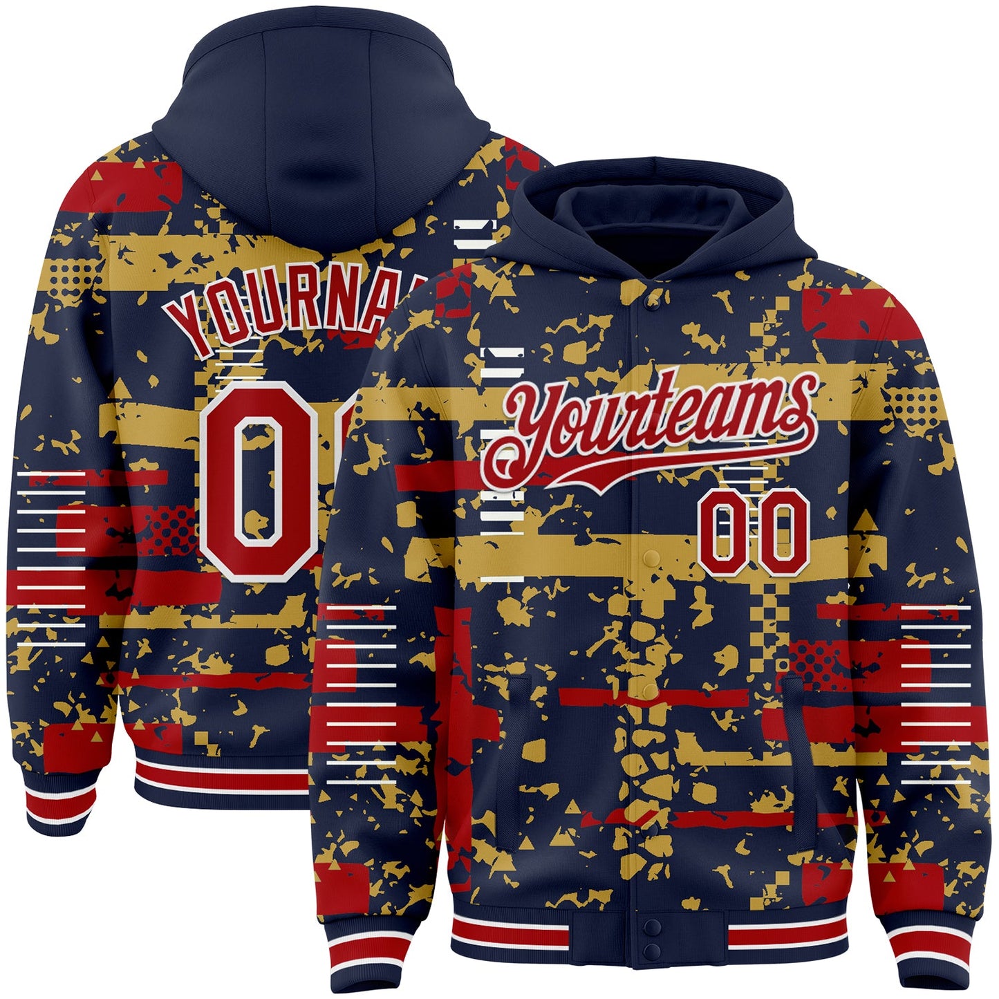 Custom Navy Red Old Gold-White Abstract Fragment Shape Bomber Full-Snap Varsity Letterman Hoodie Jacket - Main View