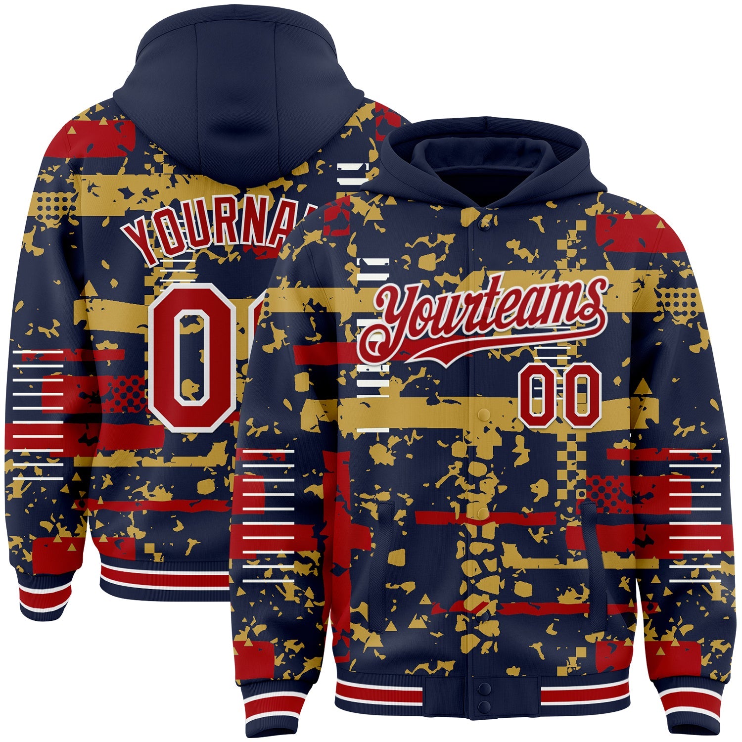Custom Navy Red Old Gold-White Abstract Fragment Shape Bomber Full-Snap Varsity Letterman Hoodie Jacket - Main View