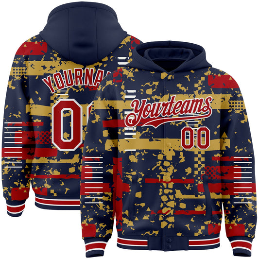 Custom Navy Red Old Gold-White Abstract Fragment Shape Bomber Full-Snap Varsity Letterman Hoodie Jacket - Main View