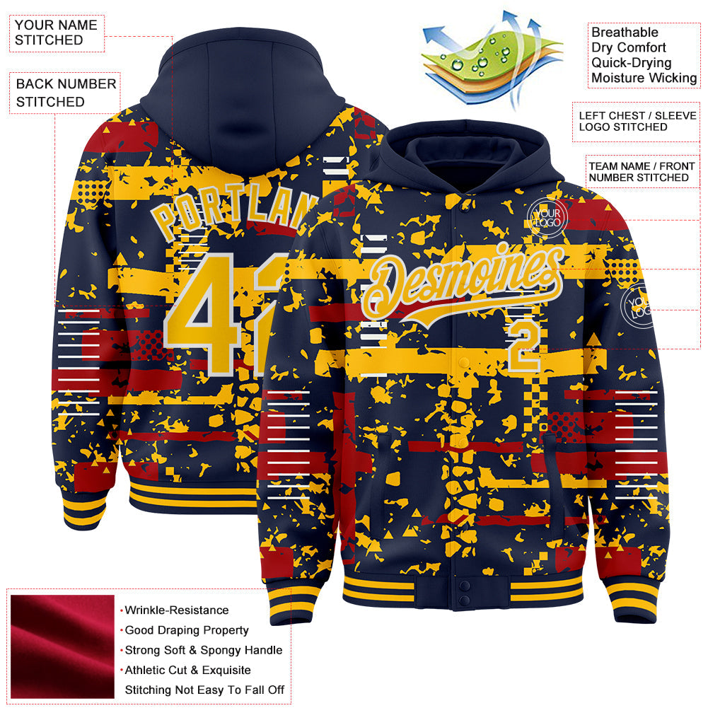 Custom Navy Gold Red-White Abstract Fragment Shape Bomber Full-Snap Varsity Letterman Hoodie Jacket view 4