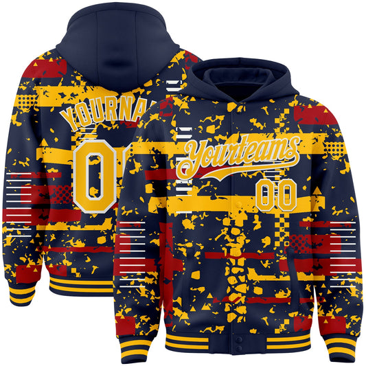 Custom Navy Gold Red-White Abstract Fragment Shape Bomber Full-Snap Varsity Letterman Hoodie Jacket - Main View