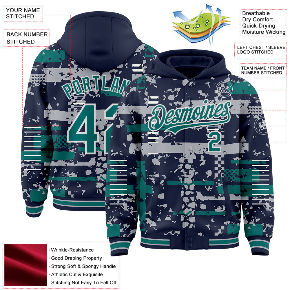 Custom Navy Teal Gray-White Abstract Fragment Shape Bomber Full-Snap Varsity Letterman Hoodie Jacket view 4