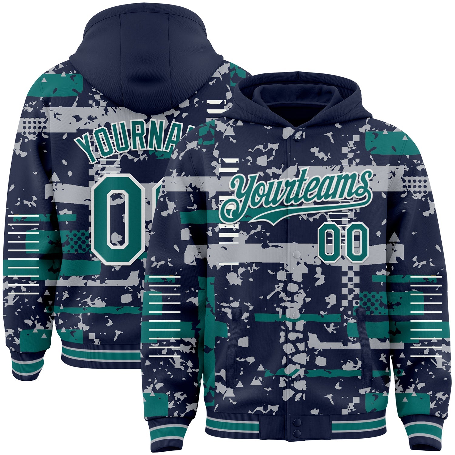 Custom Navy Teal Gray-White Abstract Fragment Shape Bomber Full-Snap Varsity Letterman Hoodie Jacket - Main View