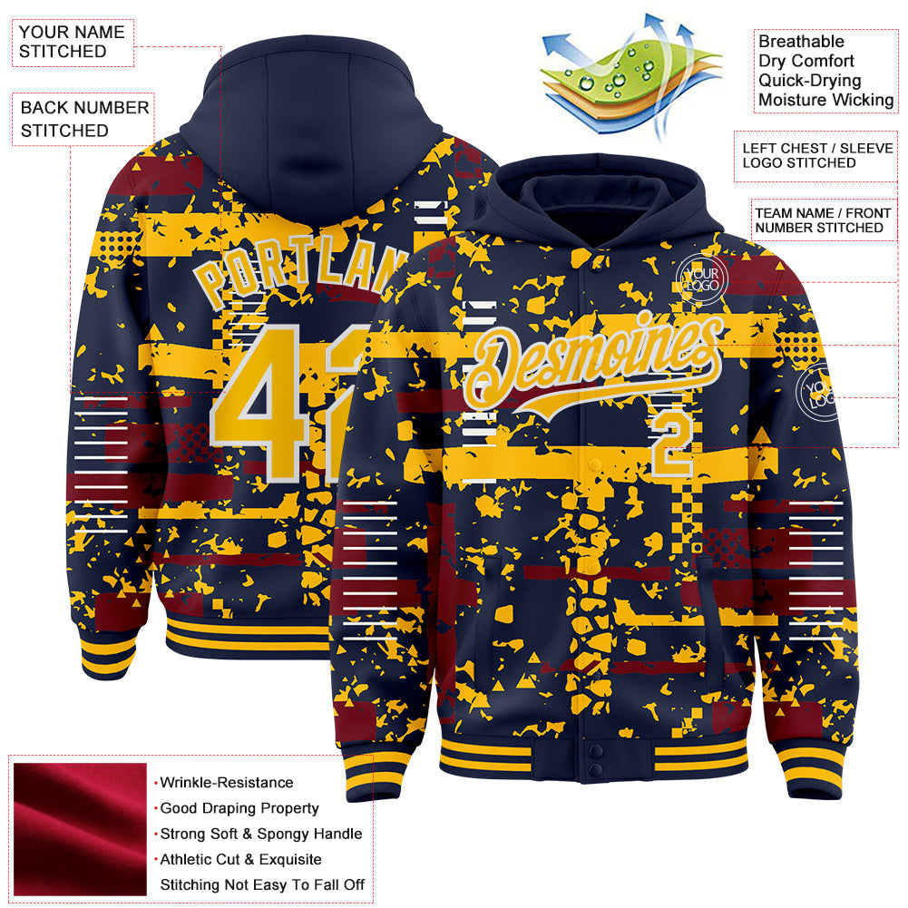 Custom Navy Gold Crimson-White Abstract Fragment Shape Bomber Full-Snap Varsity Letterman Hoodie Jacket view 4