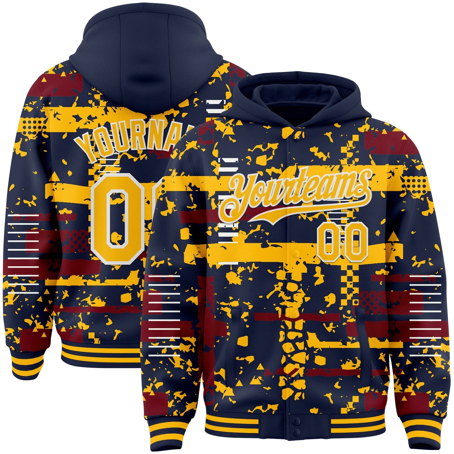 Custom Navy Gold Crimson-White Abstract Fragment Shape Bomber Full-Snap Varsity Letterman Hoodie Jacket - Main View