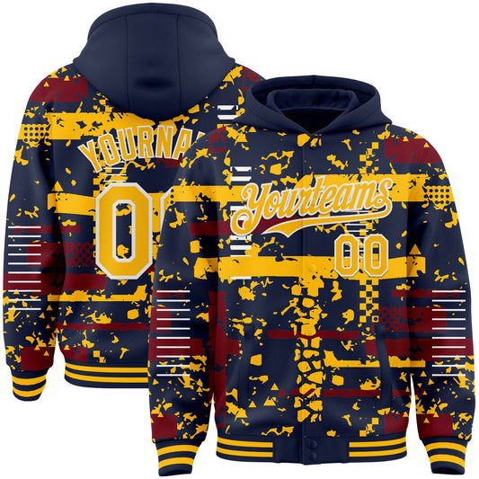 Custom Navy Gold Crimson-White Abstract Fragment Shape Bomber Full-Snap Varsity Letterman Hoodie Jacket - Main View