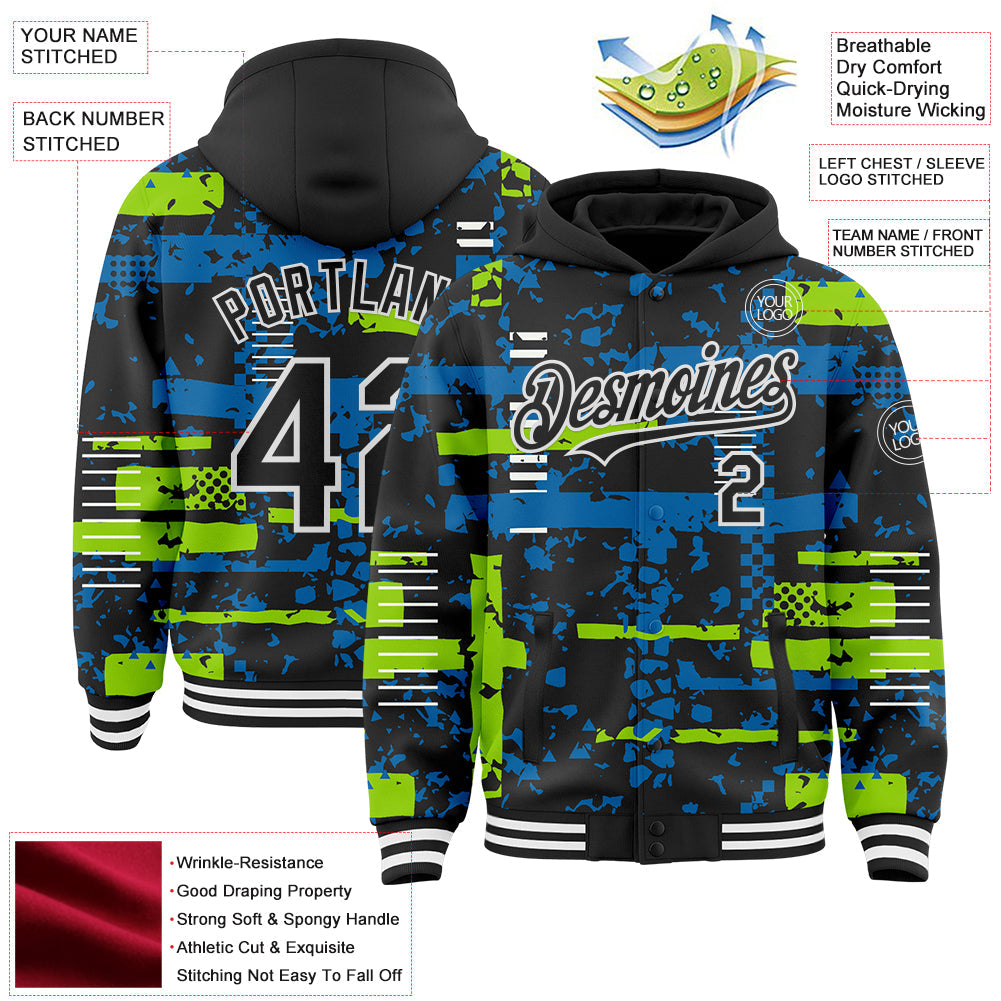 Custom Black Neon Green Blue-White Abstract Fragment Shape Bomber Full-Snap Varsity Letterman Hoodie Jacket view 4