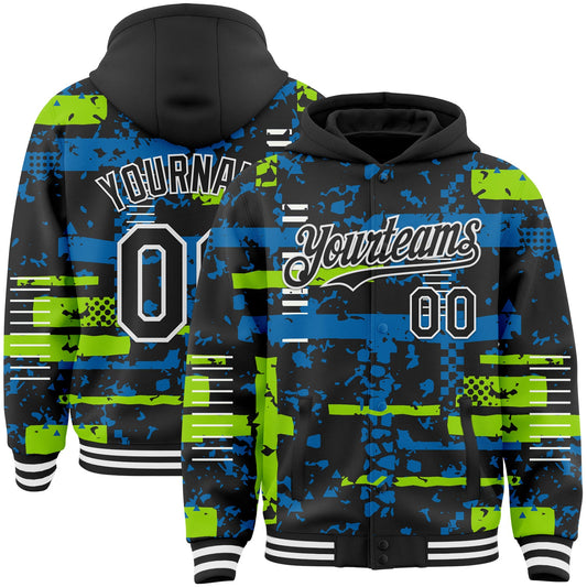 Custom Black Neon Green Blue-White Abstract Fragment Shape Bomber Full-Snap Varsity Letterman Hoodie Jacket - Main View